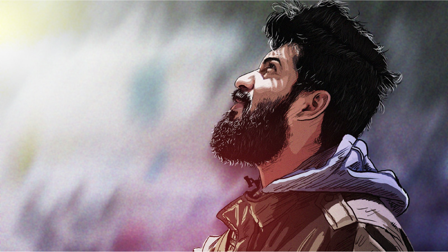 Illustrated portrait of Nadeem Issaid in profile, looking upward.